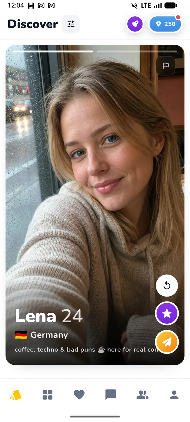 Zupp discovery screen for swiping through potential friends worldwide