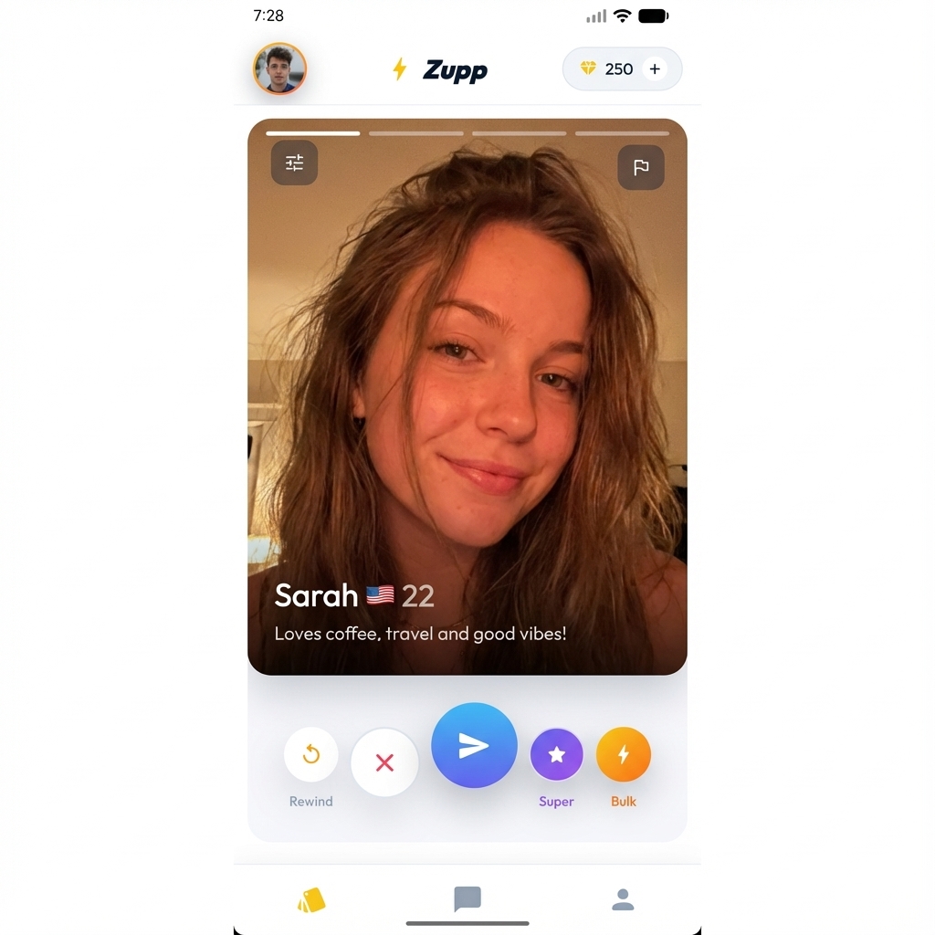 Zupp user profile screen showing bio, photos, and social media links